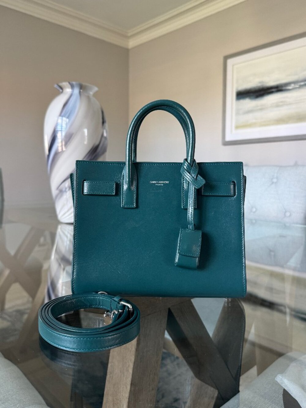 SAINT LAURENT LEATHER Sac du Jour Nano Blue W/Strap